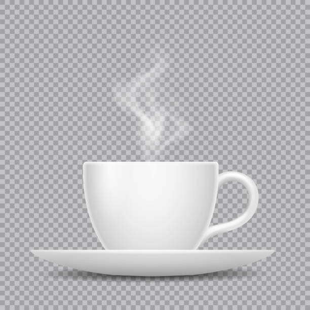 뜨거운 음료와 투명 한 배경에 고립 된 증기 벡터 현실적인 흰색 컵 - steam tea hot drink coffee stock illustrations