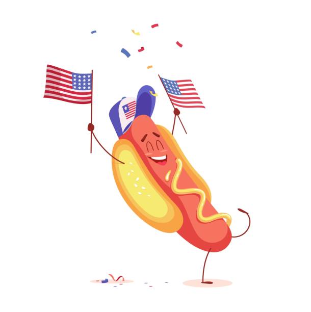 bildbanksillustrationer, clip art samt tecknat material och ikoner med rolig tecknad varmkorv holding usa flaggan. - hotdog