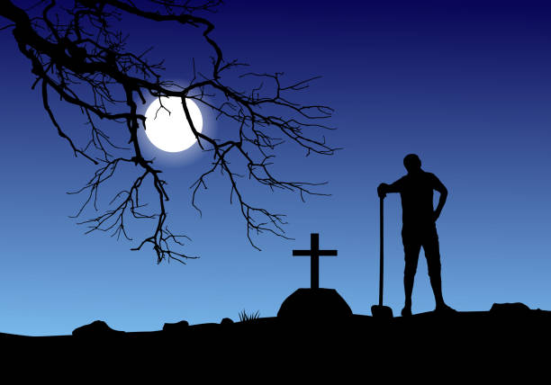 ilustrações de stock, clip art, desenhos animados e ícones de vector of a man digging grave in graveyard in full moon. - cemetery grave halloween non urban scene