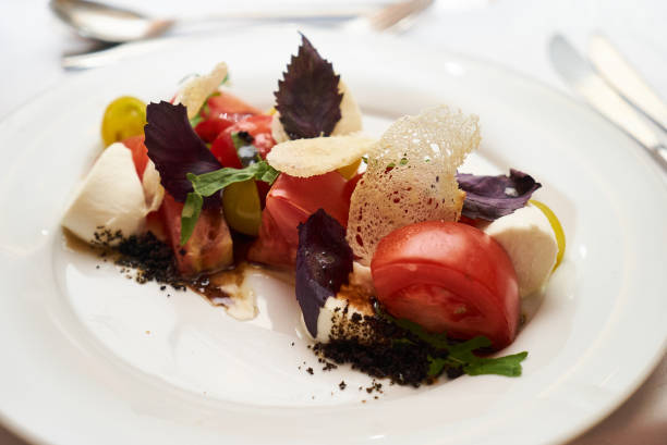 istock Vegetarian food with marinated tomatoes, arugula, mozzarella che 959739860
