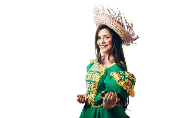 Photo of Brazilian woman wearing typical clothes for the Festa Junina