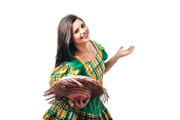 Photo of Brazilian woman wearing typical clothes for the Festa Junina