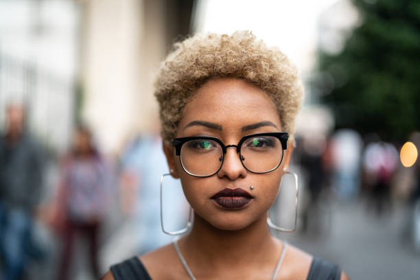 Portrait of Fashionable Woman at city Alternative Lifestyle serious black teen stock pictures, royalty-free photos & images