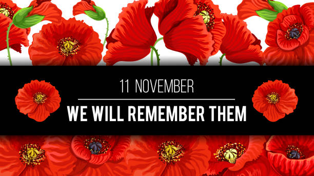 Remembrance day 11 November vector poppy banner Remembrance Day Lest we Forget 11 November greeting banner or card of poppy flowers and quote on black memory ribbon. Vector poppy design for Commonwealth armistice freedom and veterans commemoration oriental poppy stock illustrations