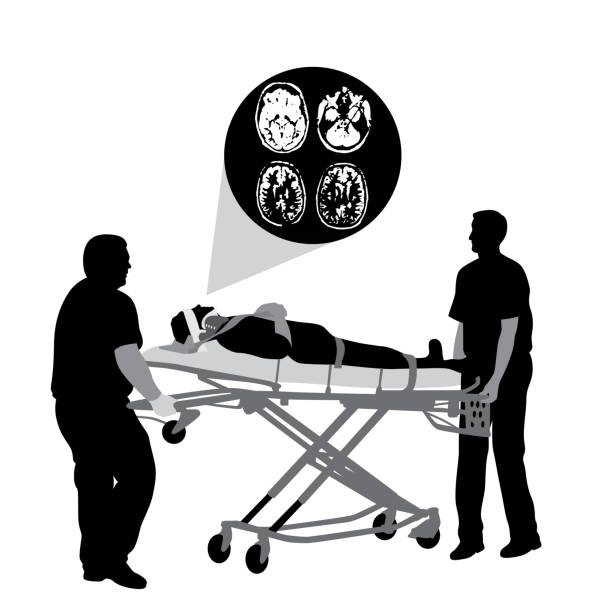 Brain Trauma Emergency Healthcare emergency workers wheeling in a patient with head injury self harm stock illustrations