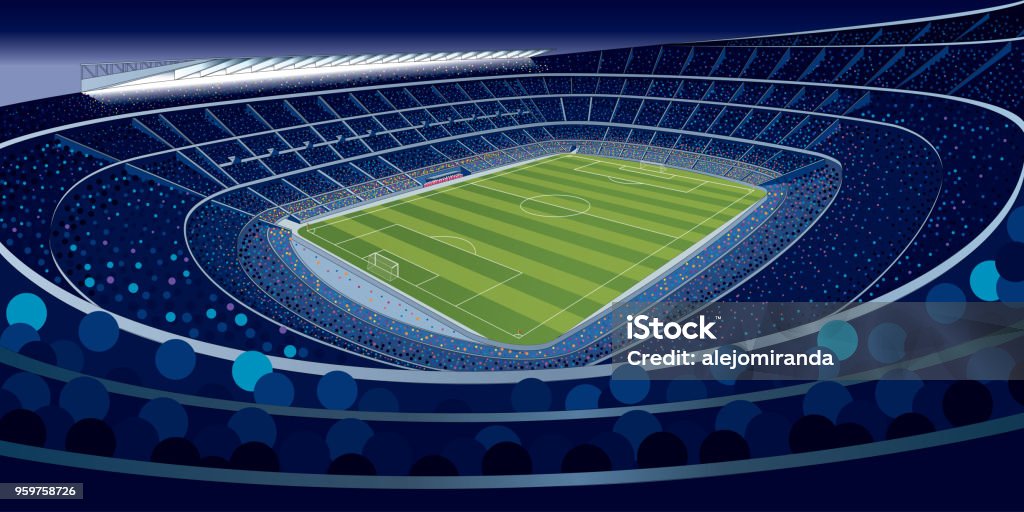 Drawing of a stadium full of people at night in blue tones with wide angle view in large format Drawing of a stadium full of people at night in blue tones with wide angle view in large format. Vector illustration Stadium stock vector