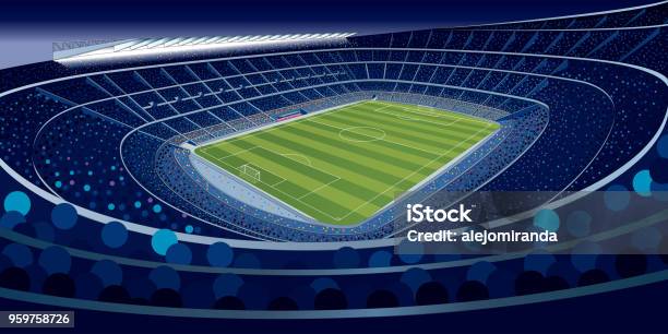 Drawing Of A Stadium Full Of People At Night In Blue Tones With Wide Angle View In Large Format Stock Illustration - Download Image Now