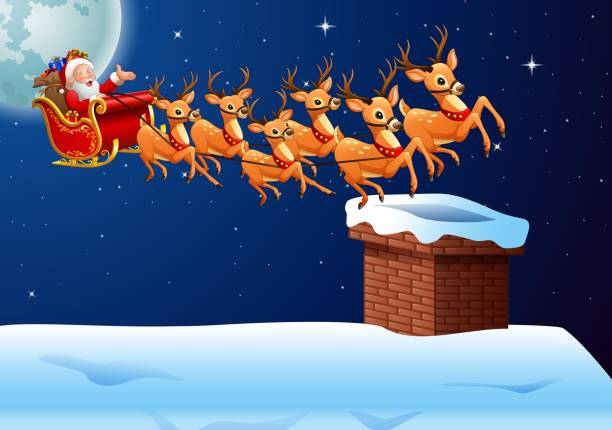 istock Santa Claus rides reindeer sleigh flying in the sky 959761834