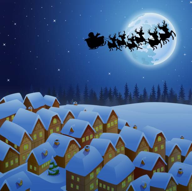 istock Santa Claus riding his reindeer sleigh flying in the sky 959762024