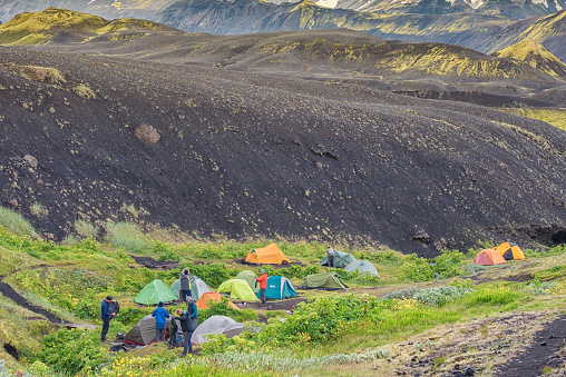 Emstrur, Iceland - July 5th 2017, Hikers start a new day at the Emstrur camp site in Laugavegur Trail.