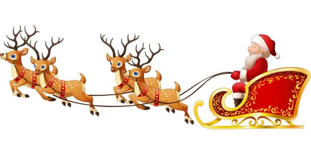 Vector illustration of Santa Claus rides reindeer sleigh on Christmas