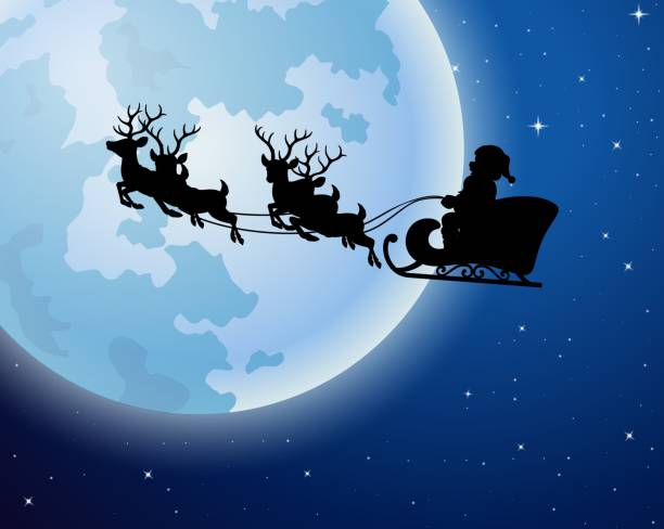 istock Santa Claus rides reindeer sleigh silhouette against a full moon background 959765822