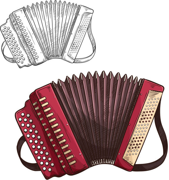 Vector sketch accordion musical insturment icon Button accordion musical instrument color sketch icon. Vector isolated harmonica symbol for folk music concert or jazz band live festival and orchestra musical performance design harmonica stock illustrations