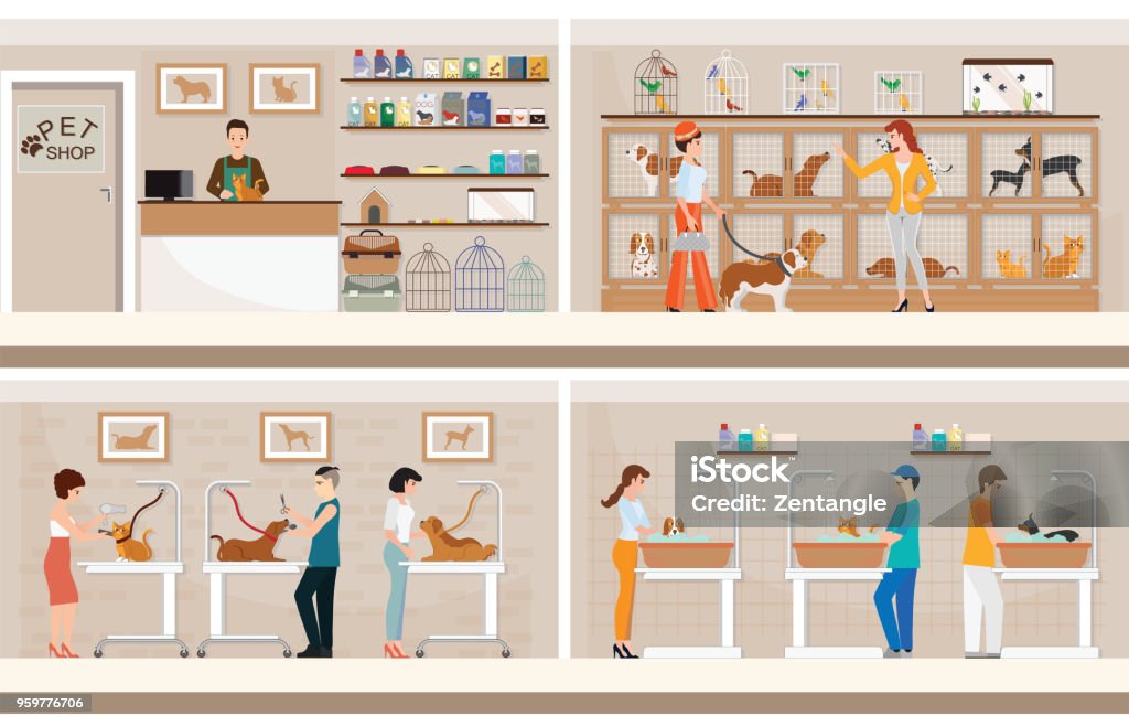 Modern pet shop with cages of animal. Modern pet shop with cages of animal, animal health care conceptual vector illustration. Pet Shop stock vector