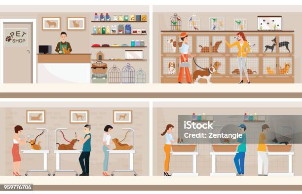 Modern Pet Shop With Cages Of Animal Stock Illustration - Download Image Now - Pet Shop, Vector, Pet Grooming Salon