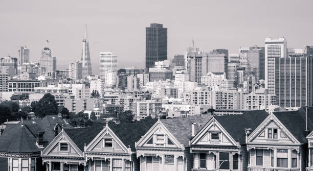 painted ladies old historic look la vista punto di riferimento a san francisco, california - roof row house house san francisco county foto e immagini stock