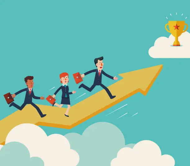 Vector illustration of Business people running up on the growing graph arrow, towards a trophy. Business success vector concept