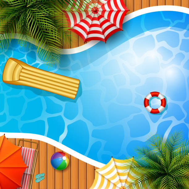 istock Summer background with swimming pool, umbrella, mattress and inflatable ring 959787388