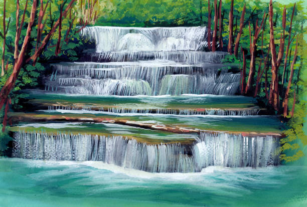 istock Beautiful waterfall among the fresh greenery in tropical forest hand painting 959787654