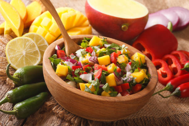 istock Delicious salsa with mango, pepper, jalapeno, cilantro and onions close-up. horizontal 959787776