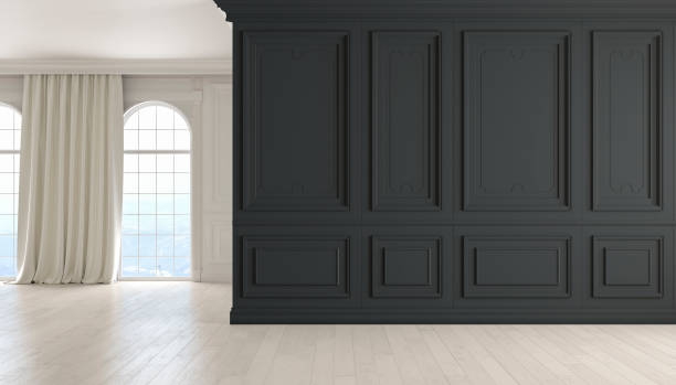 istock Classic empty interior with black wall, wood floor, window and curtain. 3D render illustration. 959791838