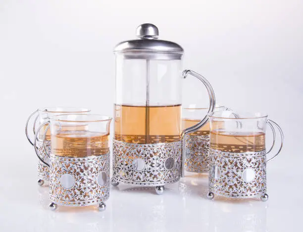 tea set or tea set with tea on background