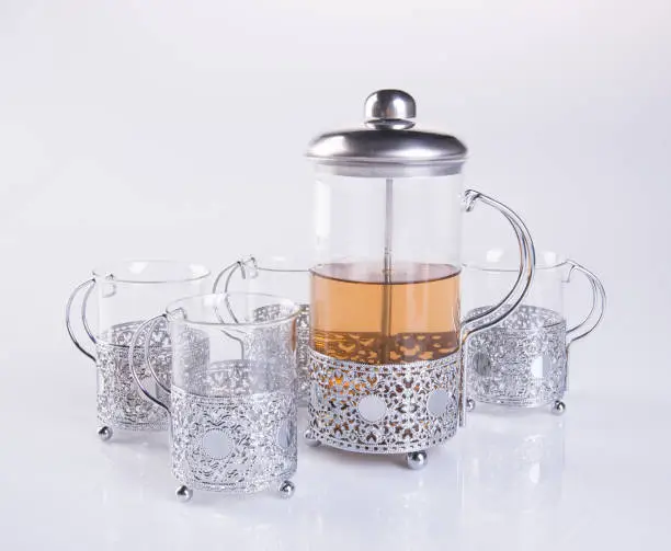 tea set or tea set with tea on background