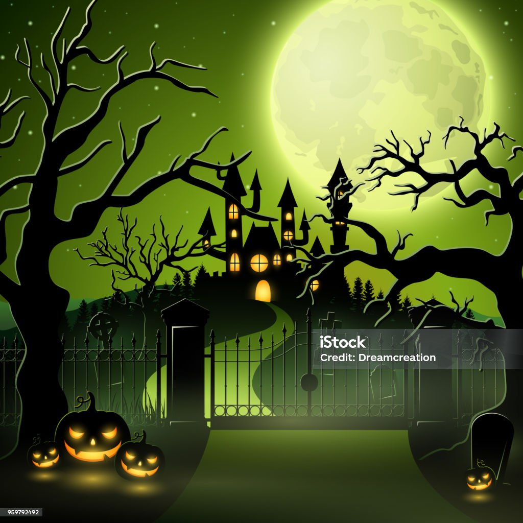 Creepy graveyard with castle and pumpkins Vector illustration of Creepy graveyard with castle and pumpkins Autumn stock vector