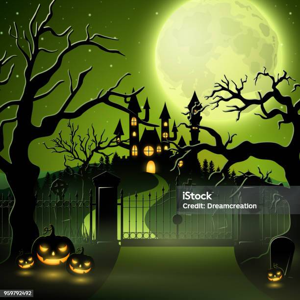 Creepy Graveyard With Castle And Pumpkins Stock Illustration - Download Image Now - Autumn, Backgrounds, Cartoon