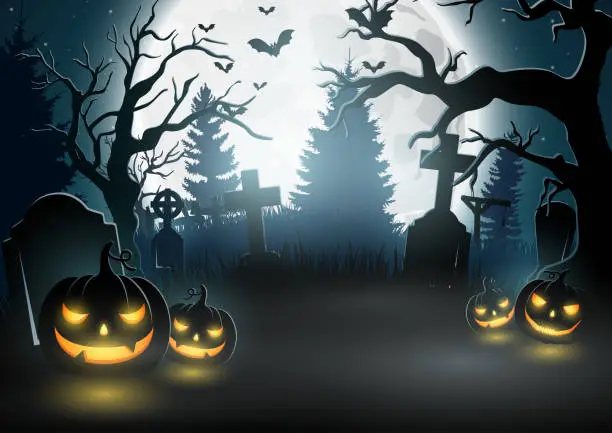 Vector illustration of Halloween background with scary pumpkins