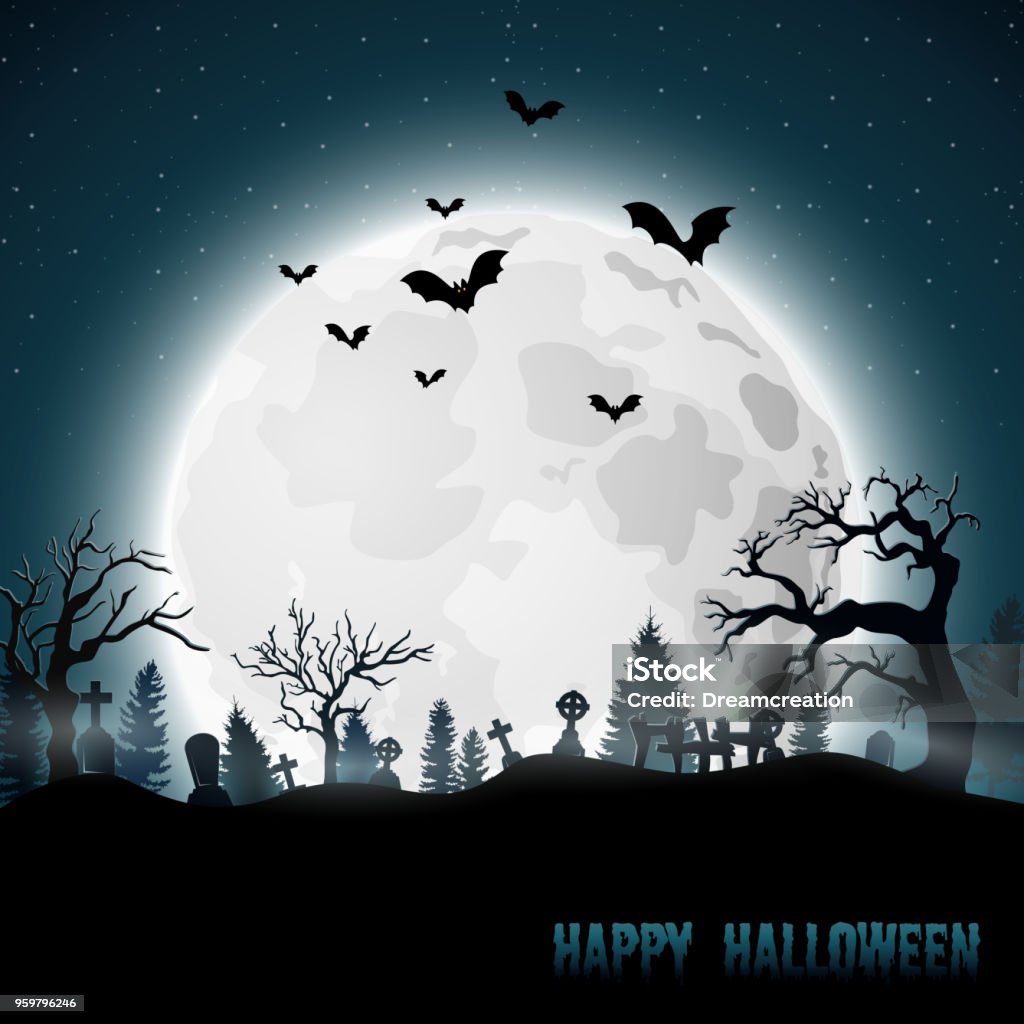 Halloween background with graveyard on the full moon Vector illustration of Halloween background with graveyard on the full moon Animal stock vector