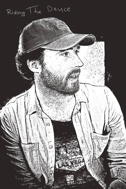 Stipple illustration of a handsome young hipster man in Las Vegas