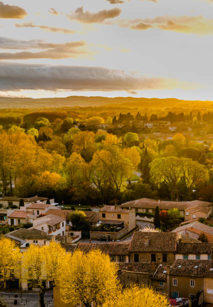 Carcassonne supurban in autumn colours at golden hour sunlight stock photo
