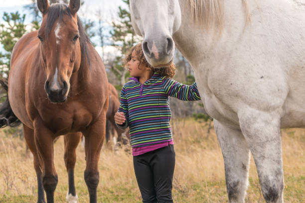 istock Mixed race girl connects with horses below mountains 959807894