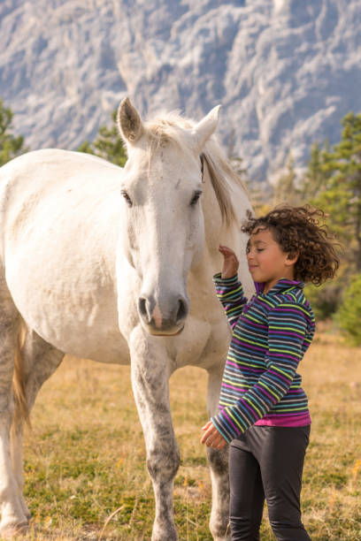 istock Mixed race girl connects with horses below mountains 959807908