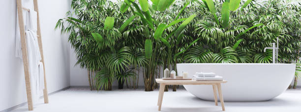 istock new modern zen bathroom with tropic plants. 3d rendering 959816300
