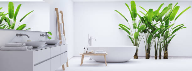 istock new modern zen bathroom with tropic plants. 3d rendering 959816338