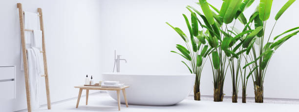 istock new modern zen bathroom with tropic plants. 3d rendering 959816376