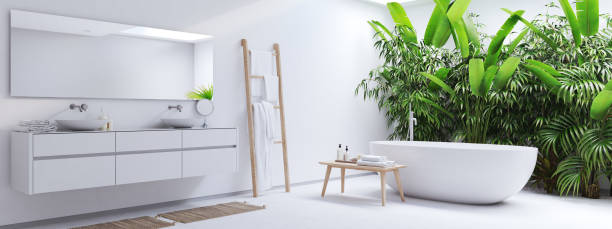 istock new modern zen bathroom with tropic plants. 3d rendering 959816512