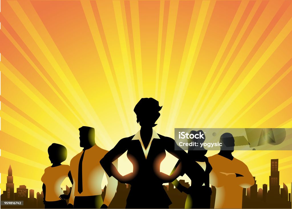 Vector Businessmen Silhouette in The City A silhouette style illustration of a team of businessmen with female leader with city skyline and sunburst in the background. Superhero stock vector