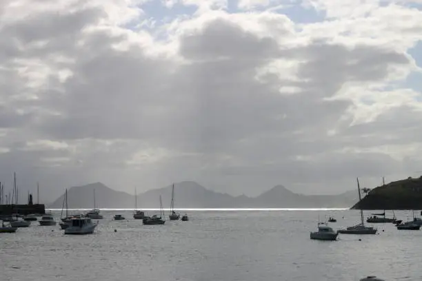 sea, bay, Spain, coast, boat, harbor, port, clouds, ray of the sun