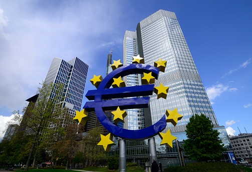 Euro sign sculpture.The European Central Bank is the central bank for the euro and administers monetary policy of the eurozone. The headquarter is in Frankfurt, Germany,28 April 2016