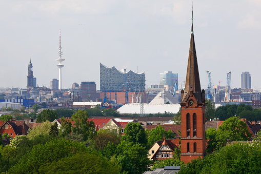 Wilhelmsburg with Skyline of the City of Hamburg, Germany