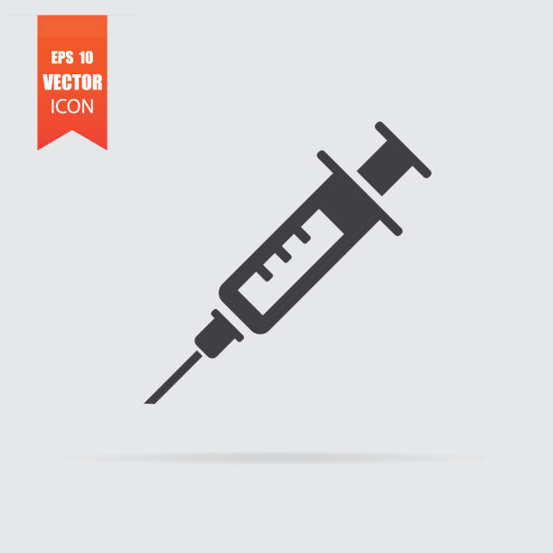 평면 스타일 회색 배경에 고립에 주사기 아이콘. - syringe injecting vaccination medicine stock illustrations