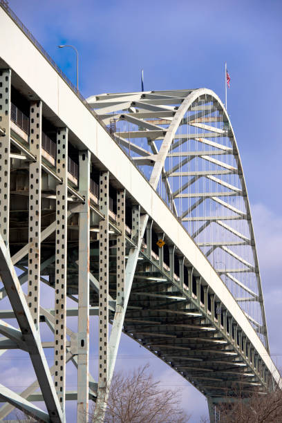 Arched openwork two-level Fremont bridge across Willamette river in Portland