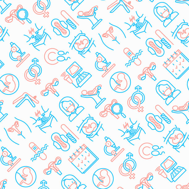 ilustrações de stock, clip art, desenhos animados e ícones de gynecologist seamless pattern with thin line icons: uterus, ovaries, gynecological chair, pregnancy, ultrasound, sanitary napkin, test, embryo, menstruation, ovulation. modern vector illustration. - menstruation tampon gynecological examination sex