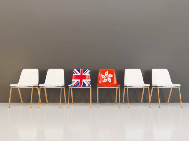 Chairs with flag of United Kingdom and hong kong stock photo