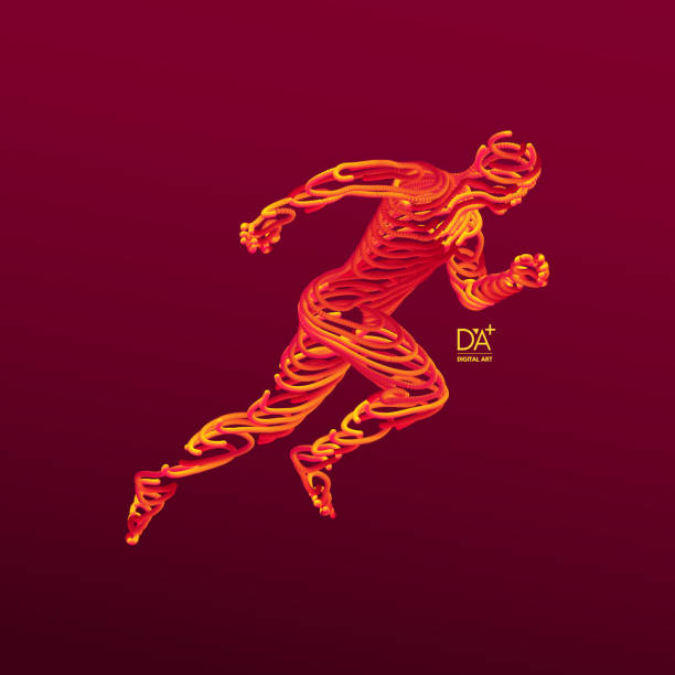 istock Running man. Emblem for marathon and jogging. 3d model of man. Vector Illustration. Wire connection to virtual reality. 959827164