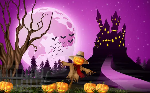 Vector illustration of Scary castle with scarecrow and pumpkins on the full moon