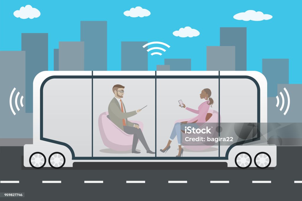 carro autónomo ou ônibus e internet das coisas muito conceito auto-dr - Vetor de Tecnologia autônoma royalty-free